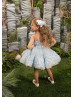 Sky Blue Lace Tulle Knee Length Flower Girl Dress